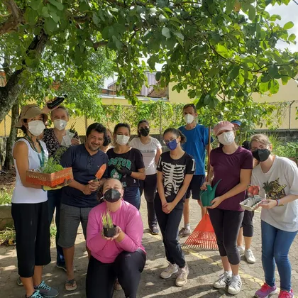 Grupo com mudas e ferramentas em uma horta